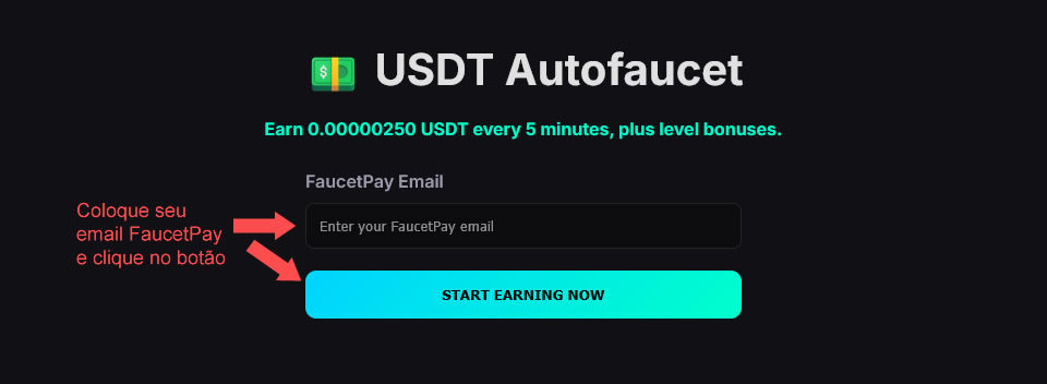 Tela da Autofaucet para informar o e-mail FaucetPay