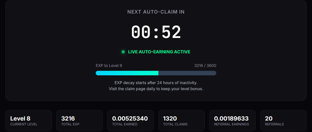 Dashboard showing level, EXP, total earned, claims, and referrals